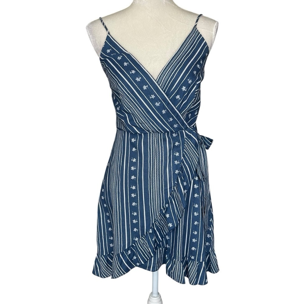 Altar’d State Linen Blend Stripe Floral Print Wrap Dress Women’s Size M Ruffle
